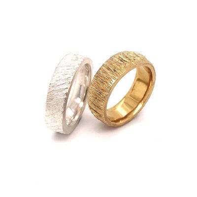 Trauringe, Silber 925/- und 750/- Gelbgold, strukturierte Oberfläche